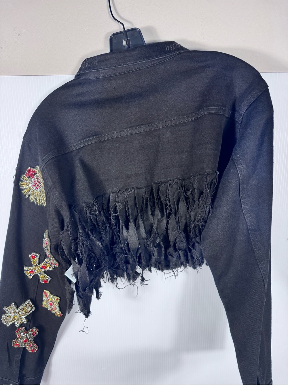 AKIRA Black Distressed Rhinestone Cross Fringe Denim Jacket NWT - Picture 4 of 5